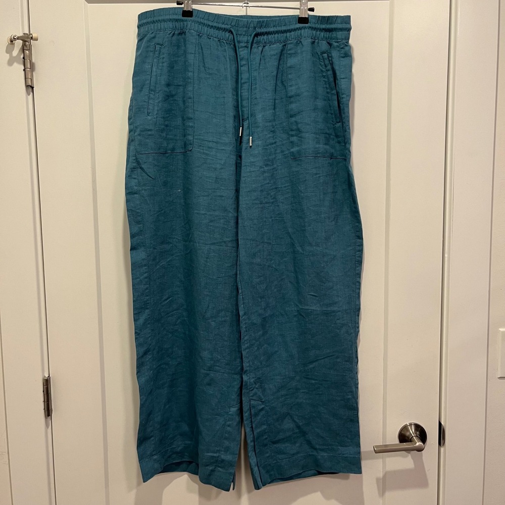 Athleta Teal Blue Linen Wide Leg Drawstring Pants Size 16
